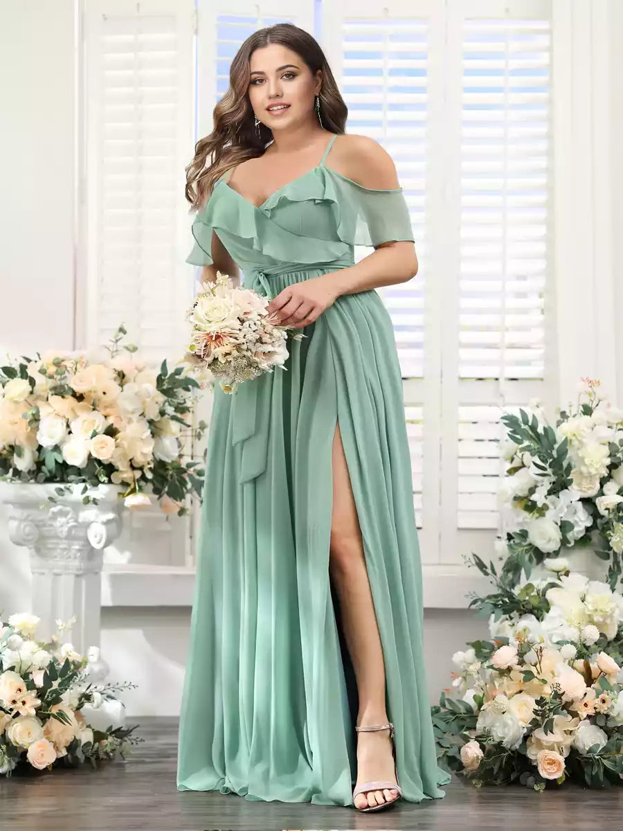 A-line V-neck chiffon oversized Bridesmaid Dresses with full charm