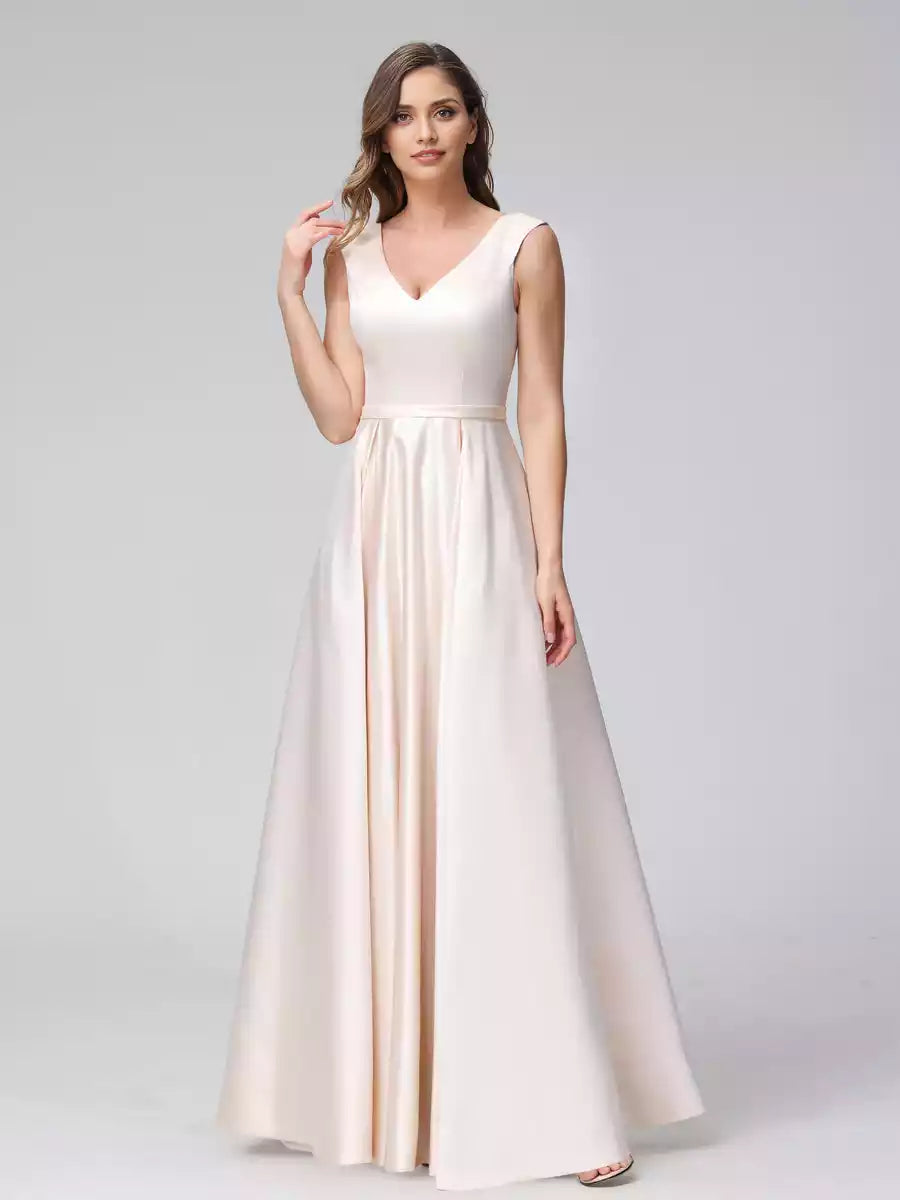 A-line V-neck sleeveless and satin Bridesmaid Dresses with full charm