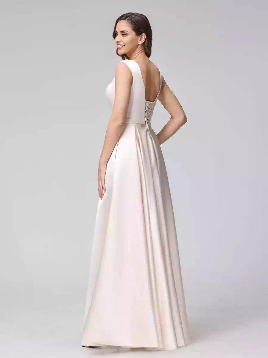 A-line V-neck sleeveless and satin Bridesmaid Dresses with full charm