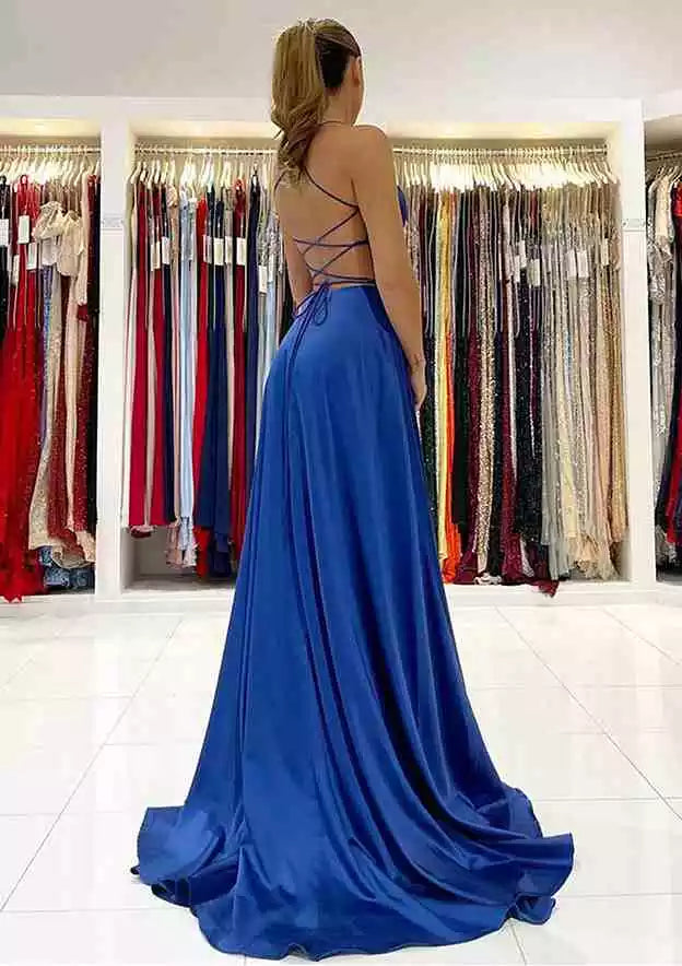 A-line V-neck sleeveless satin trailing slit with full charm Prom Dresses