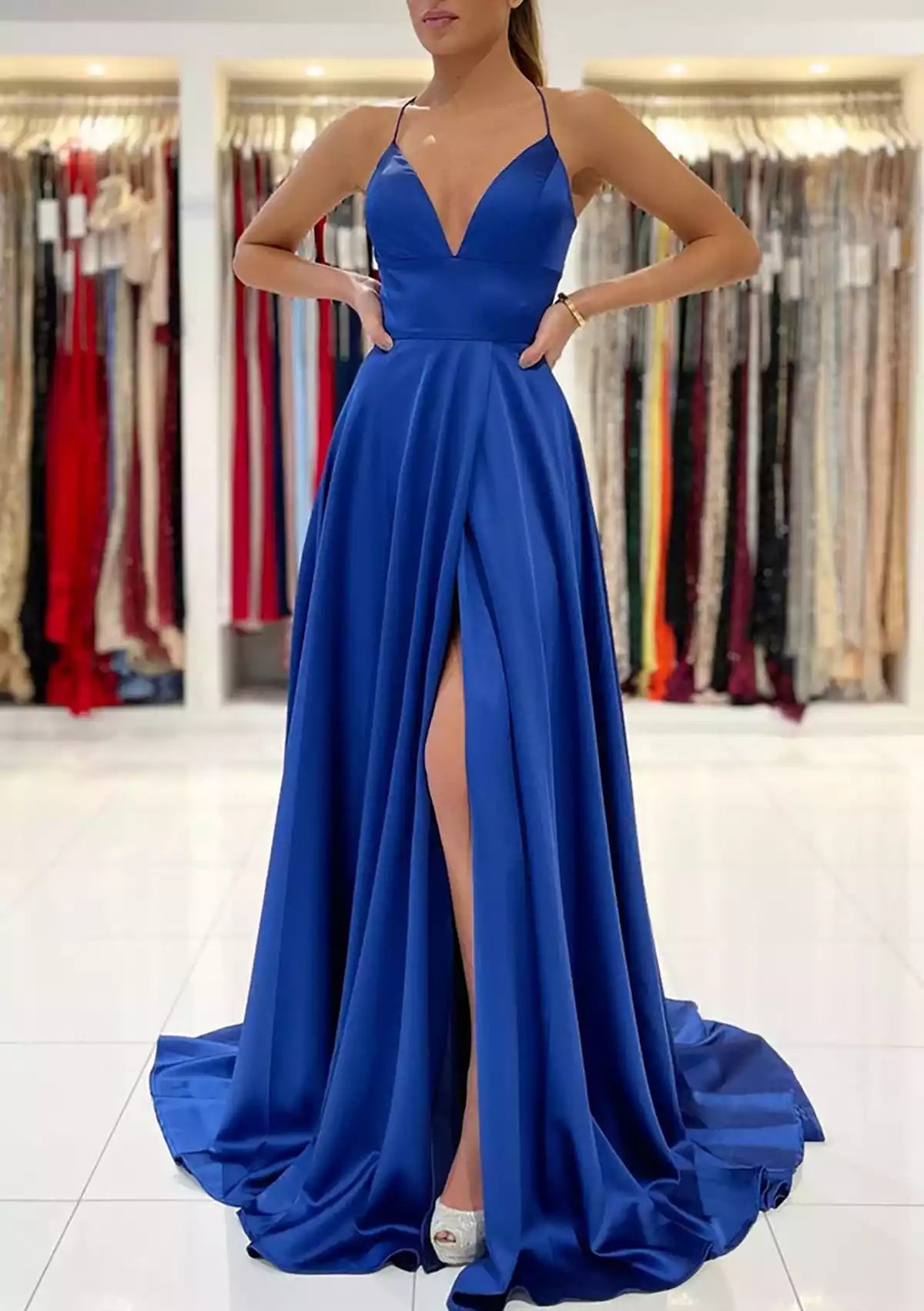 A-line V-neck sleeveless satin trailing slit with full charm Prom Dresses