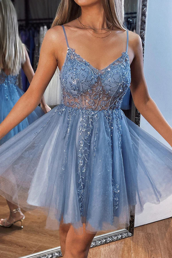 A-line V Neck Mini Tulle Homecoming Dress with Beading Sequins