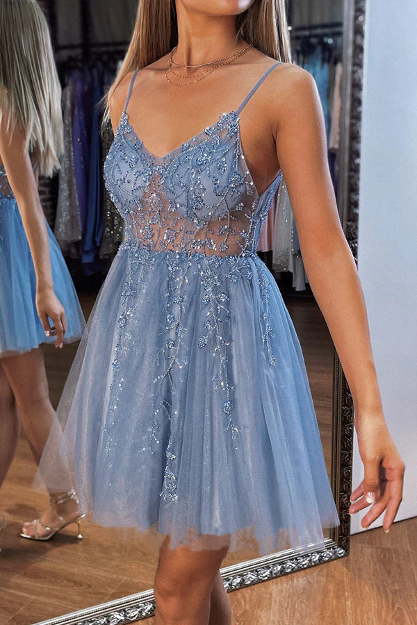 A-line V Neck Mini Tulle Homecoming Dress with Beading Sequins