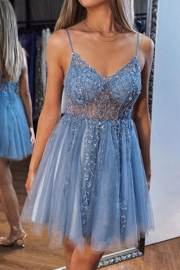 A-line V Neck Mini Tulle Homecoming Dress with Beading Sequins
