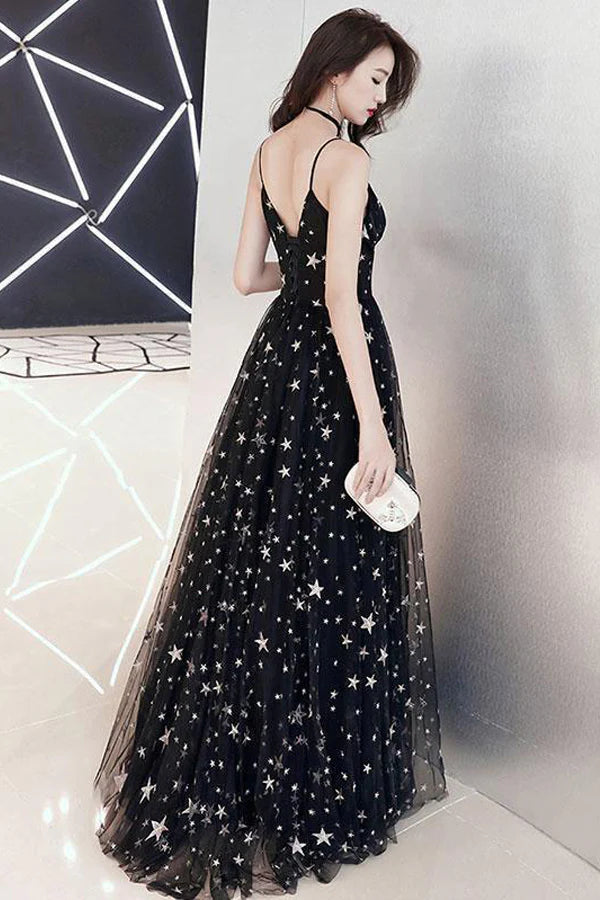 A-line Star Lace Beautiful Chic Black Long Full Of Charm Prom Dress