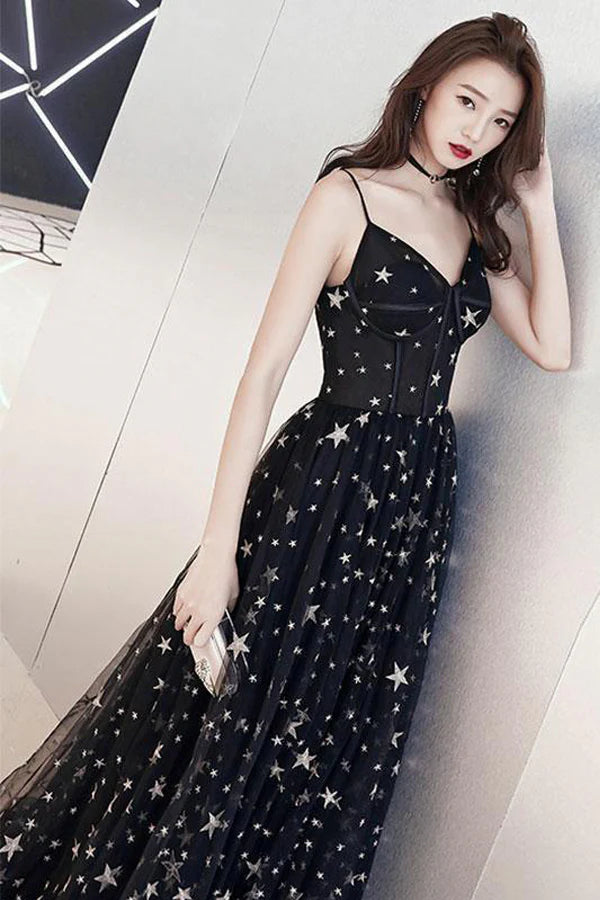 A-line Star Lace Beautiful Chic Black Long Full Of Charm Prom Dress