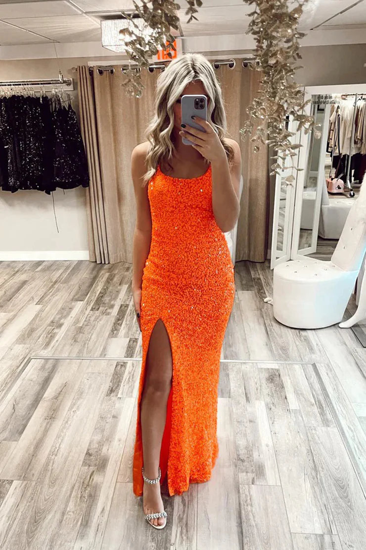 Cute Sparkly Mermaid Scoop Neck Orange Sequins Long Prom Dresses