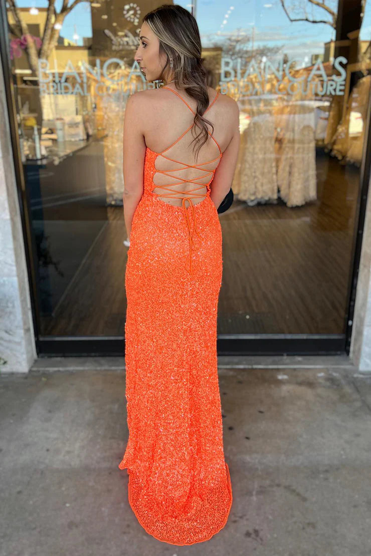 Cute Sparkly Mermaid Scoop Neck Orange Sequins Long Prom Dresses