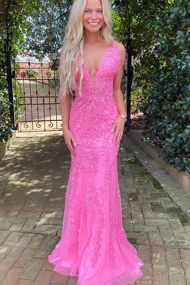 Charming Mermaid V Neck Hot Pink Lace Long Unique Design Prom Dresses