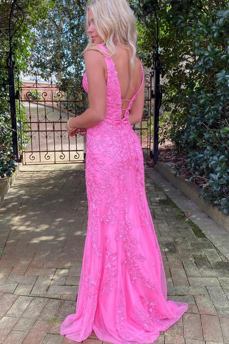 Charming Mermaid V Neck Hot Pink Lace Long Unique Design Prom Dresses