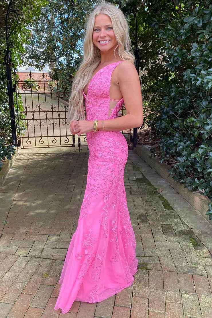 Charming Mermaid V Neck Hot Pink Lace Long Unique Design Prom Dresses