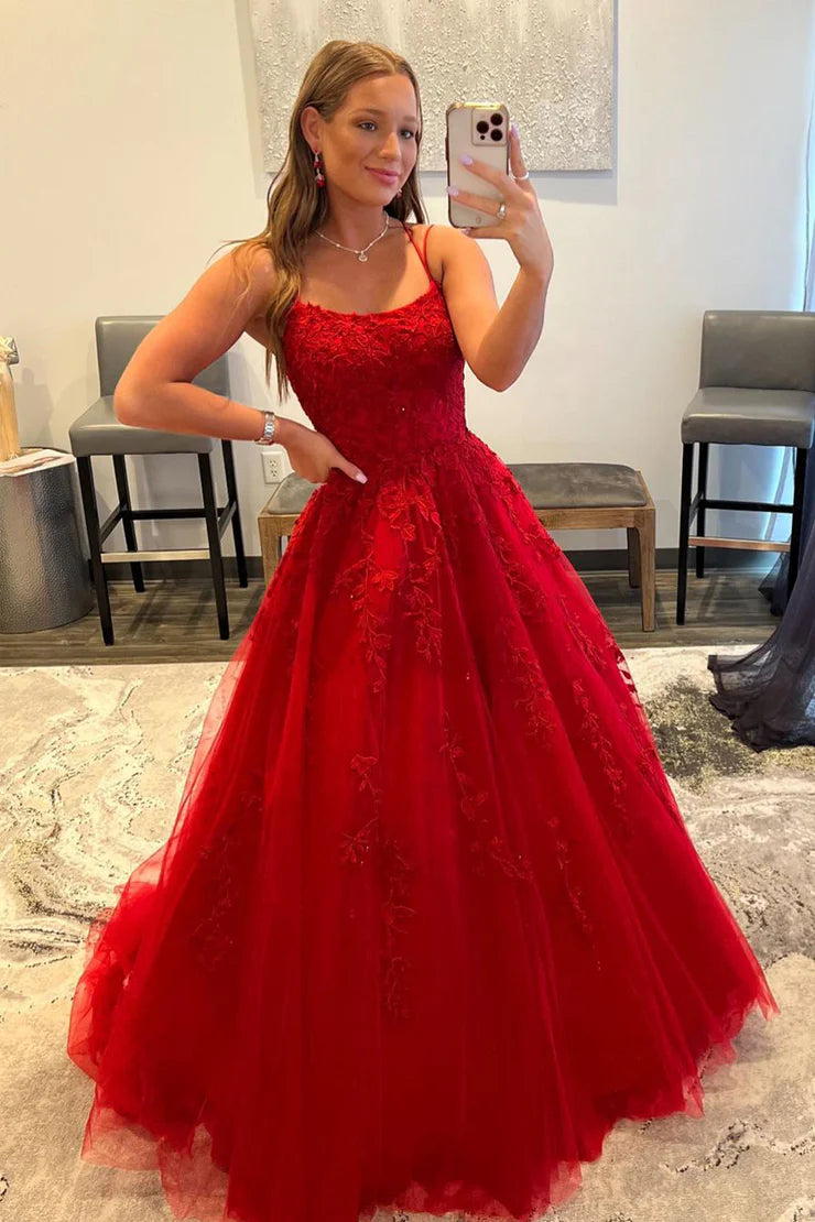 Cute Ball Gown Sweetheart Red Tulle Lace Prom Dresses