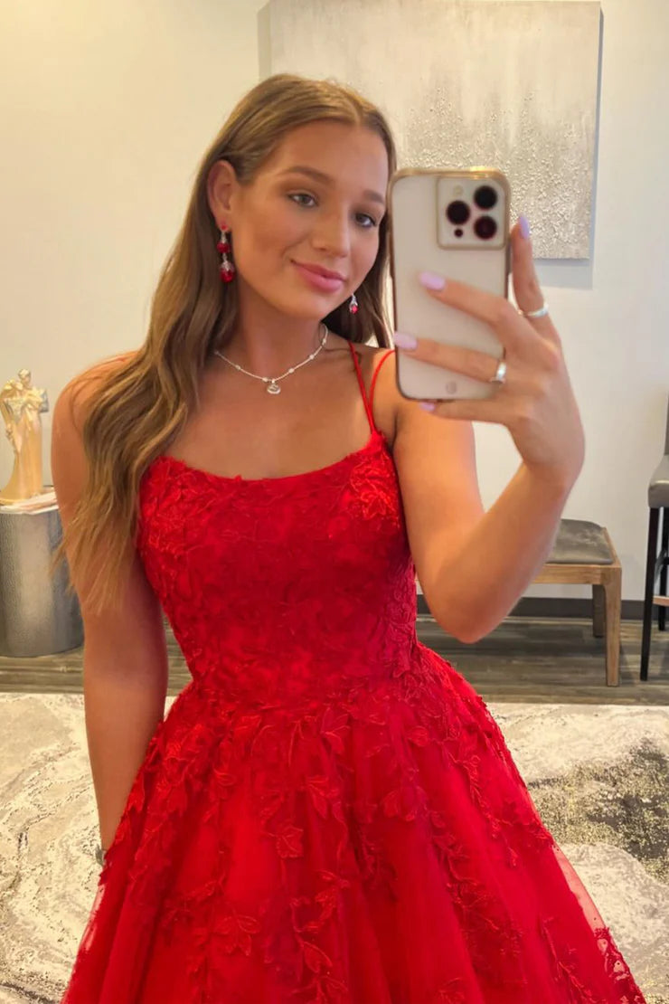 Cute Ball Gown Sweetheart Red Tulle Lace Prom Dresses