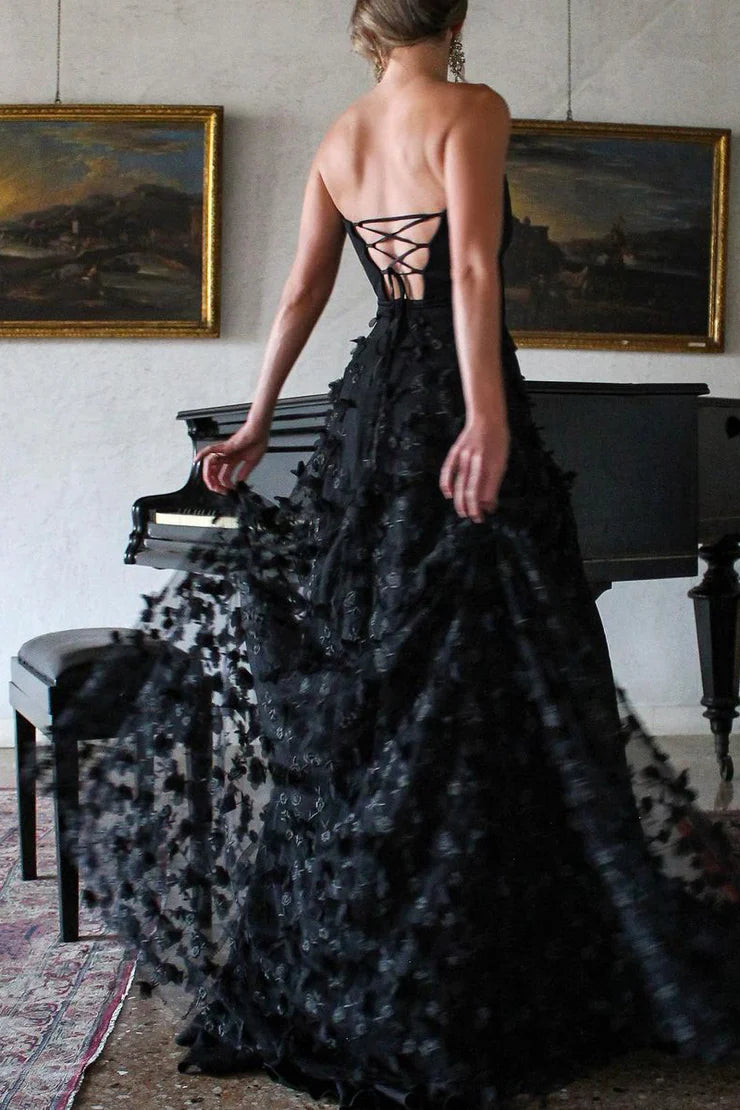 Charming A Line Strapless Black Lace Full Of Charm Prom Dresses