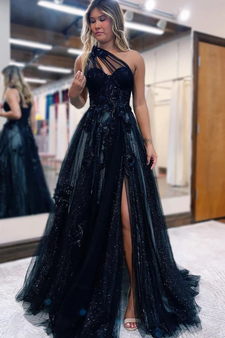 Charming Glitter A Line Sweetheart Black Tulle Unique Design Prom Dresses