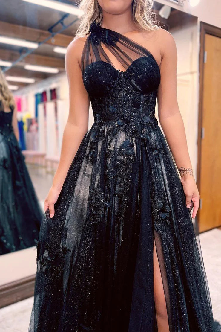Charming Glitter A Line Sweetheart Black Tulle Unique Design Prom Dresses