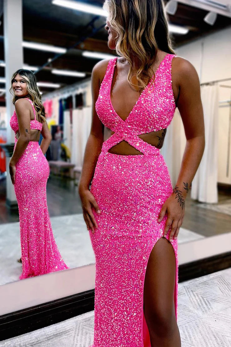 Charming Glitter Mermaid V Neck Hot Pink Sequins Full Of Charm Prom Dress