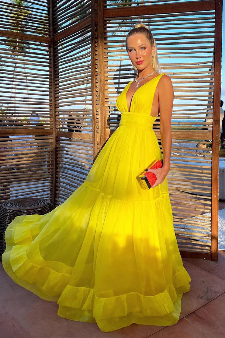 Charming A Line V Neck Yellow Chiffon Unique Design  Evening Dresses