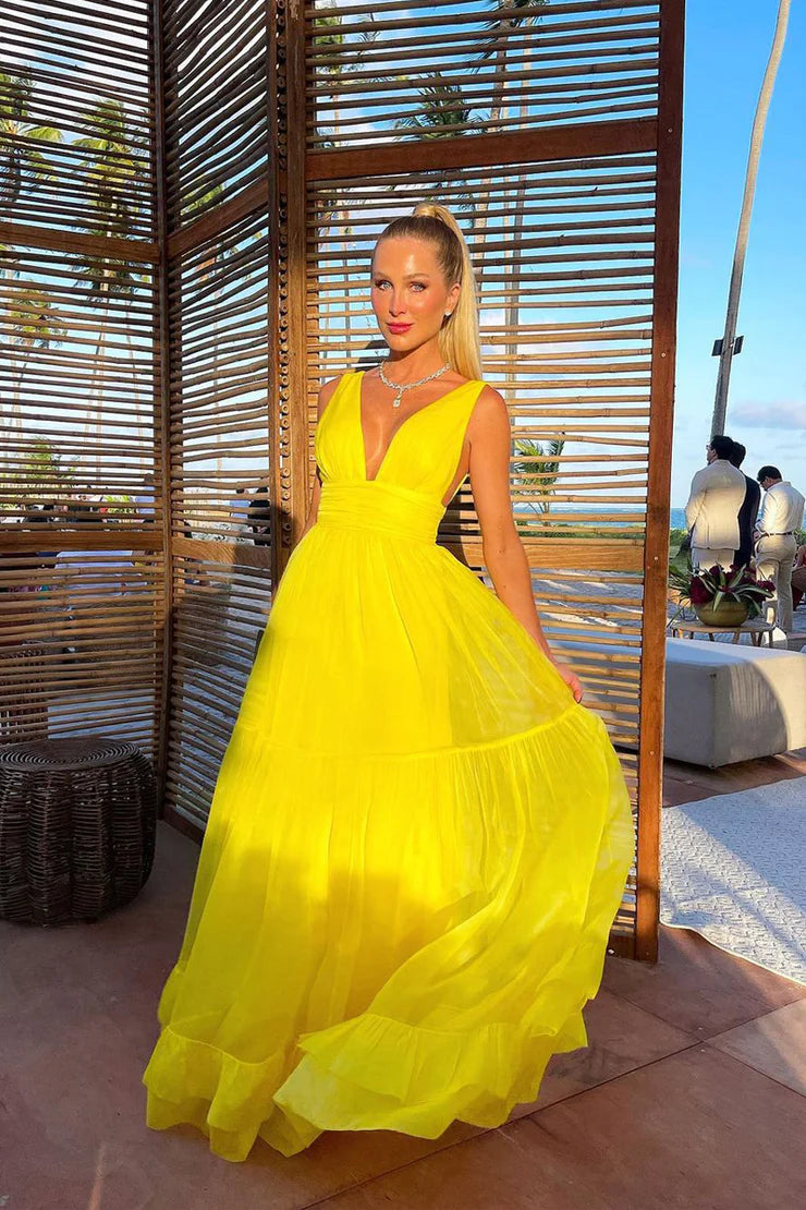 Charming A Line V Neck Yellow Chiffon Unique Design  Evening Dresses