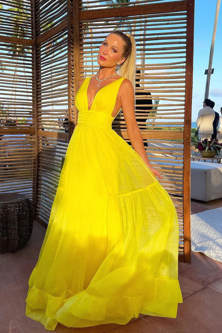 Charming A Line V Neck Yellow Chiffon Unique Design  Evening Dresses