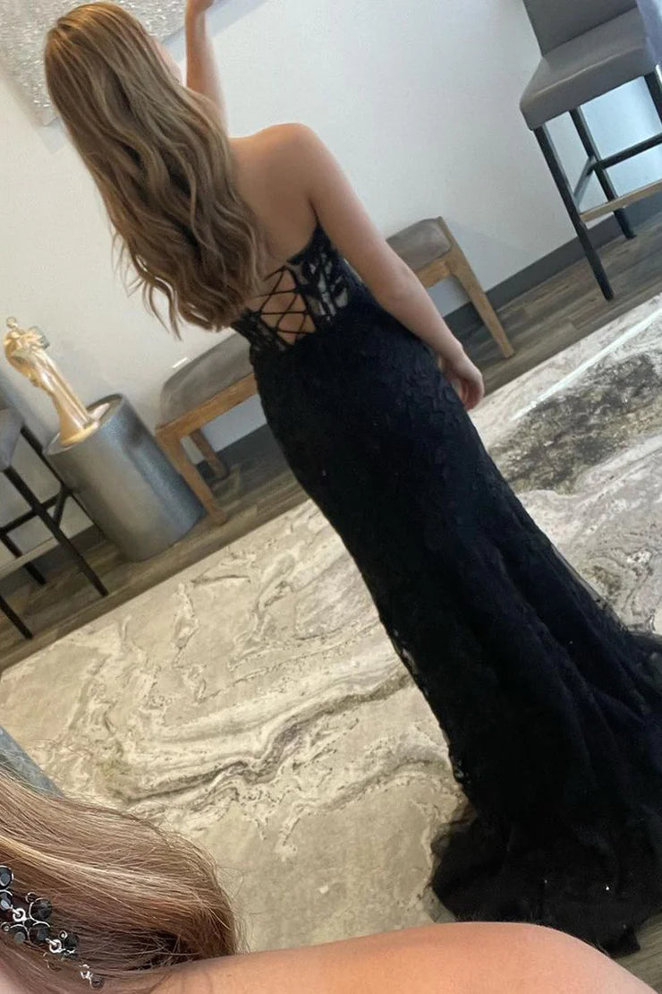Charming Mermaid Sweetheart Black Lace Long Unique Design Prom Dresses