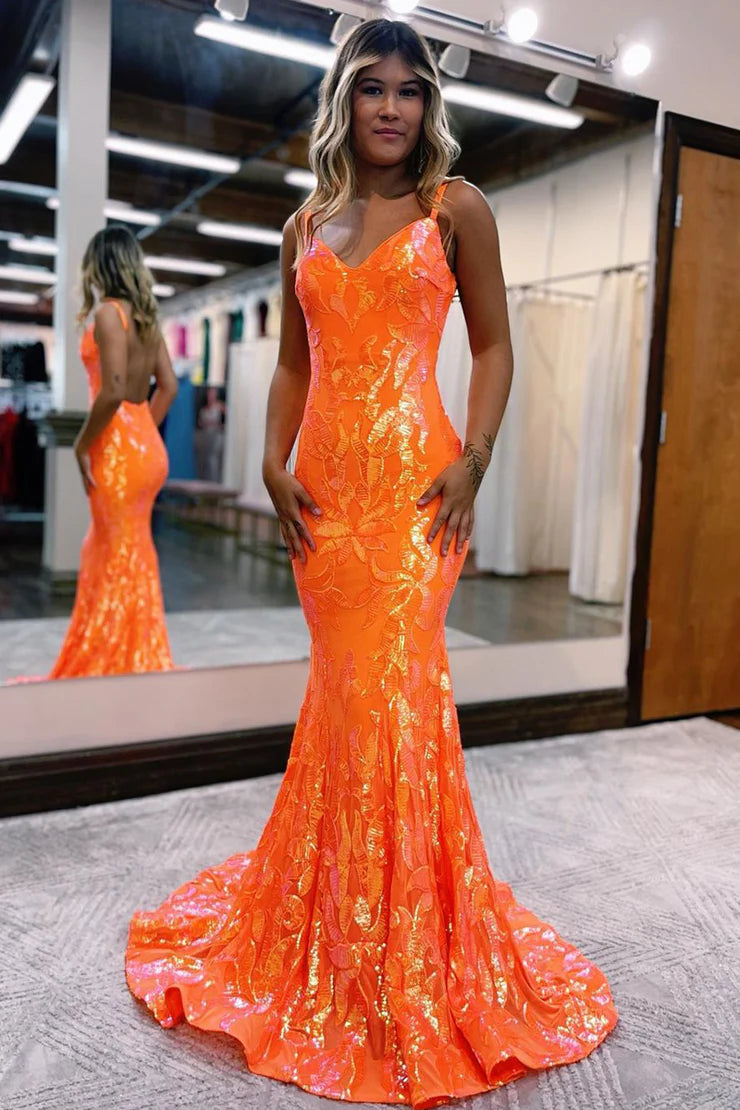 Fashion Mermaid V Neck Orange Lace Sequins Long Full Of Charm Prom Dresses