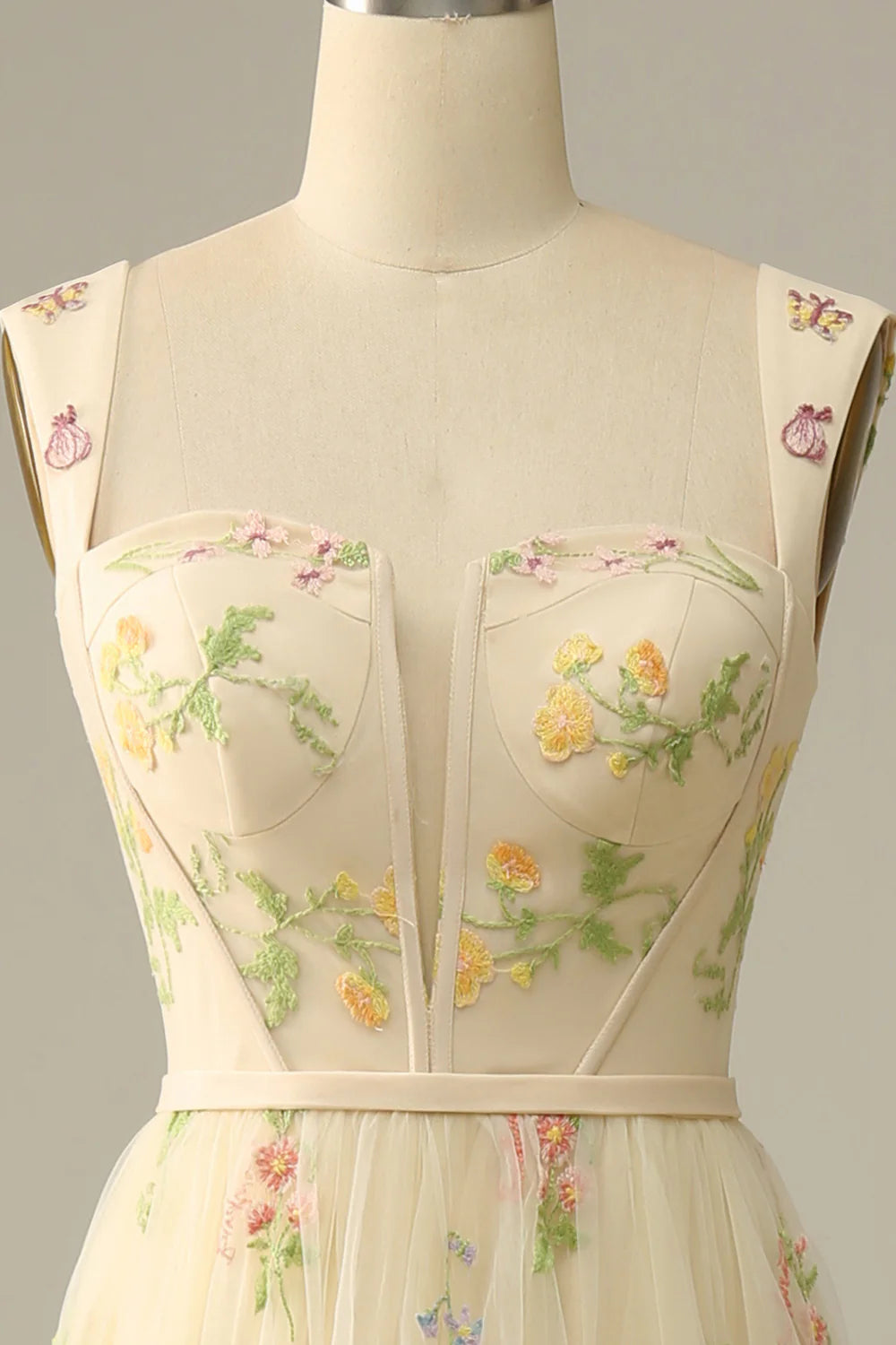 A Line Champagne Tulle Floral Full Of Charm Prom Dress