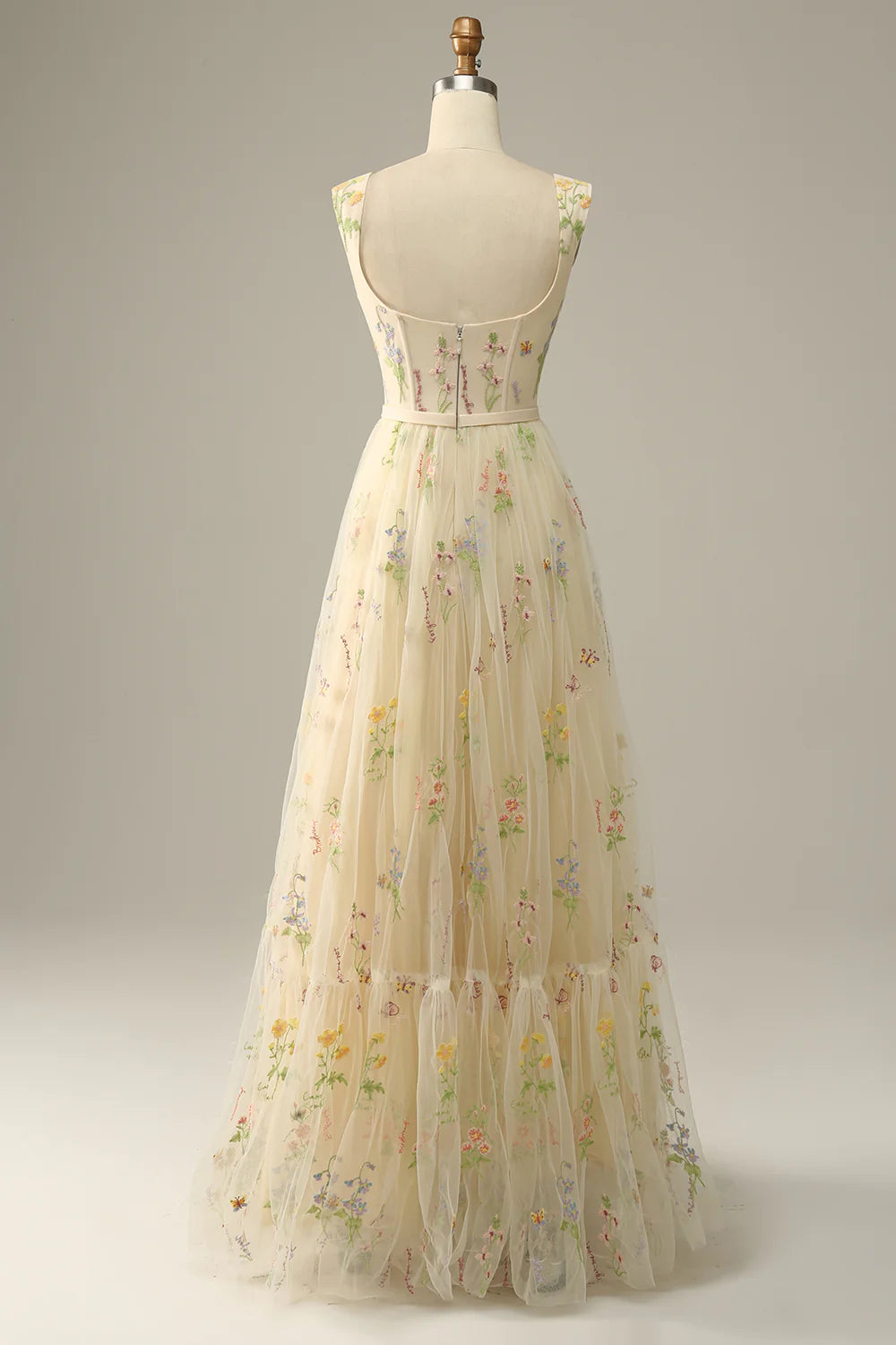 A Line Champagne Tulle Floral Full Of Charm Prom Dress