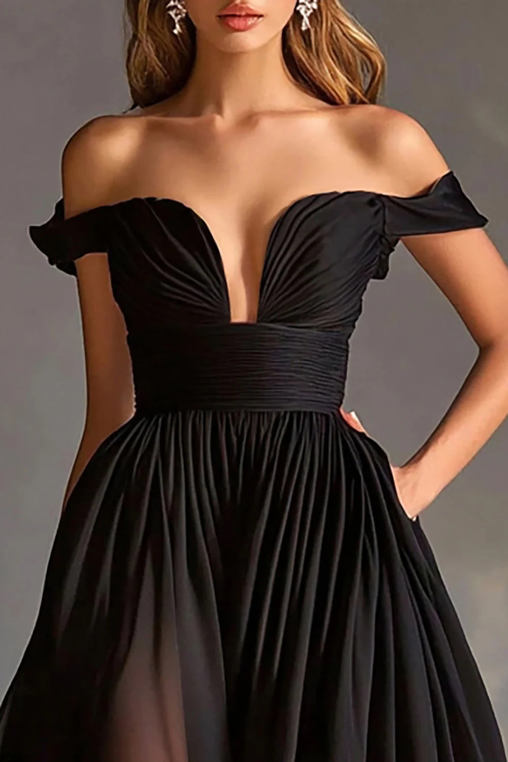 A Line Chiffon Pleated Long Off the Shoulder Black Tie Dress with Slit