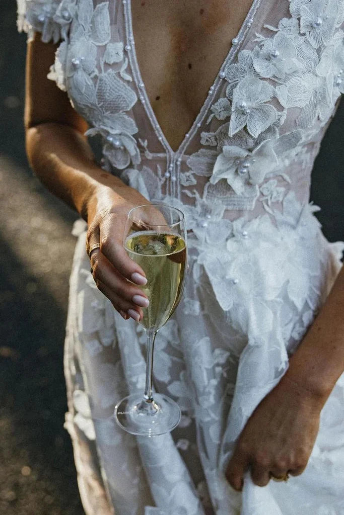 A Line Deep V Neck Tulle 3D Lace Fairy Wedding Dress