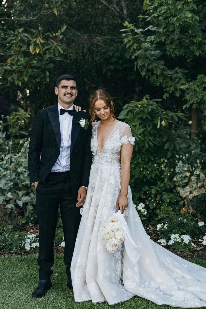 A Line Deep V Neck Tulle 3D Lace Fairy Wedding Dress