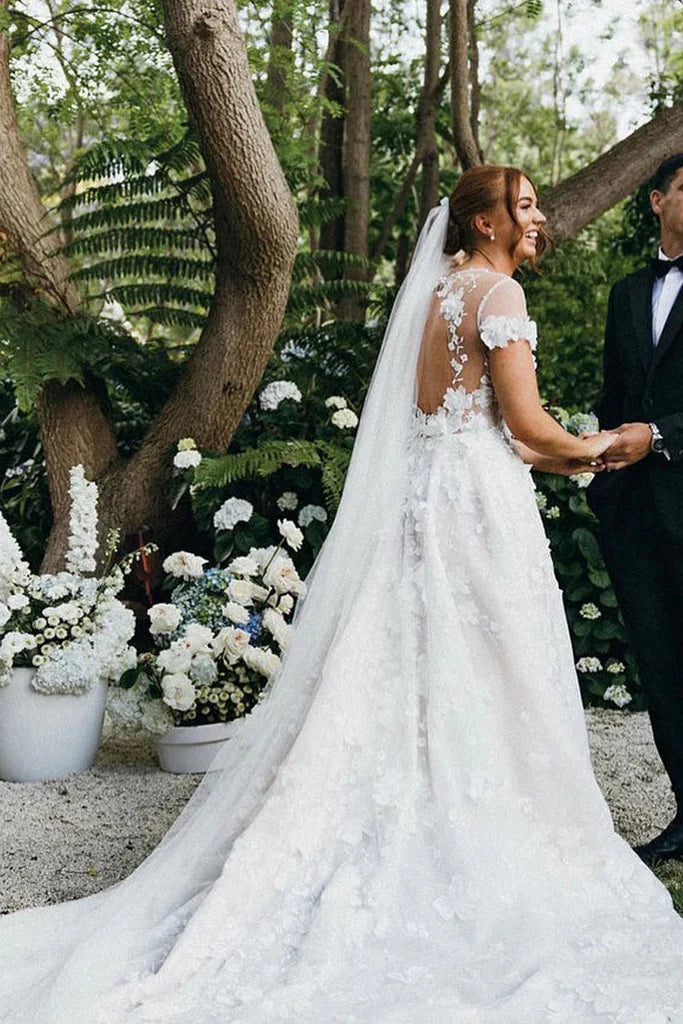 A Line Deep V Neck Tulle 3D Lace Fairy Wedding Dress