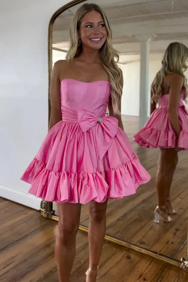 A Line Fuchsia Strapless Ruffle Cute Homecoming Dress with Bow