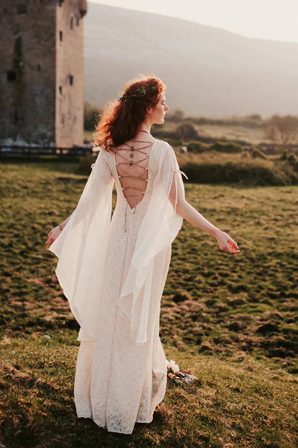 A Line Lace Long Sleeves Boho Wedding Dress Fairytale Bridal Dress