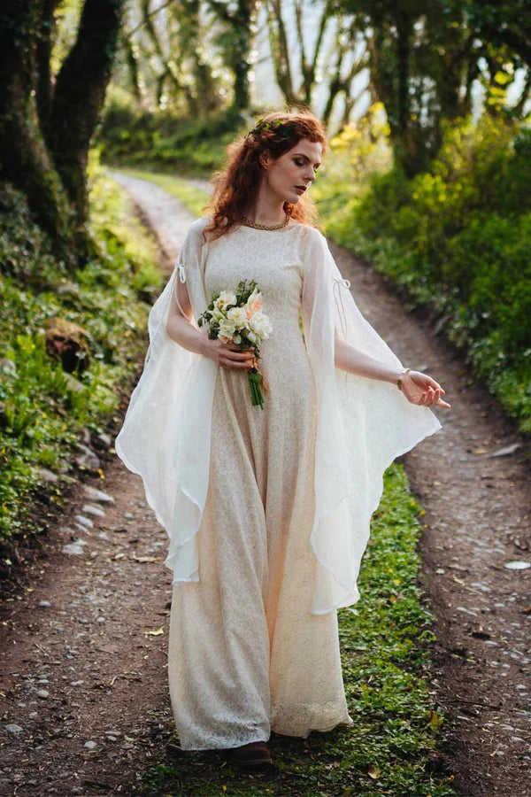 A Line Lace Long Sleeves Boho Wedding Dress Fairytale Bridal Dress