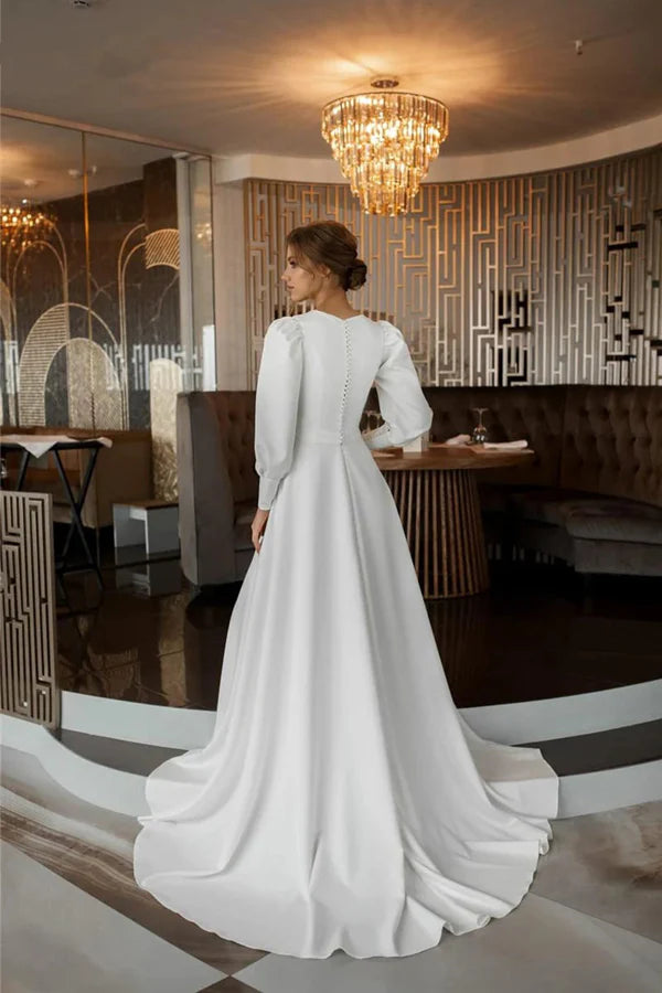 A Line Modest Long Sleeves Wedding Dress Vintage Bridal Gown
