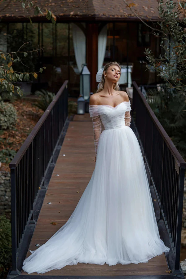 A Line Off The Shoulder White Tulle Beach Wedding Dress