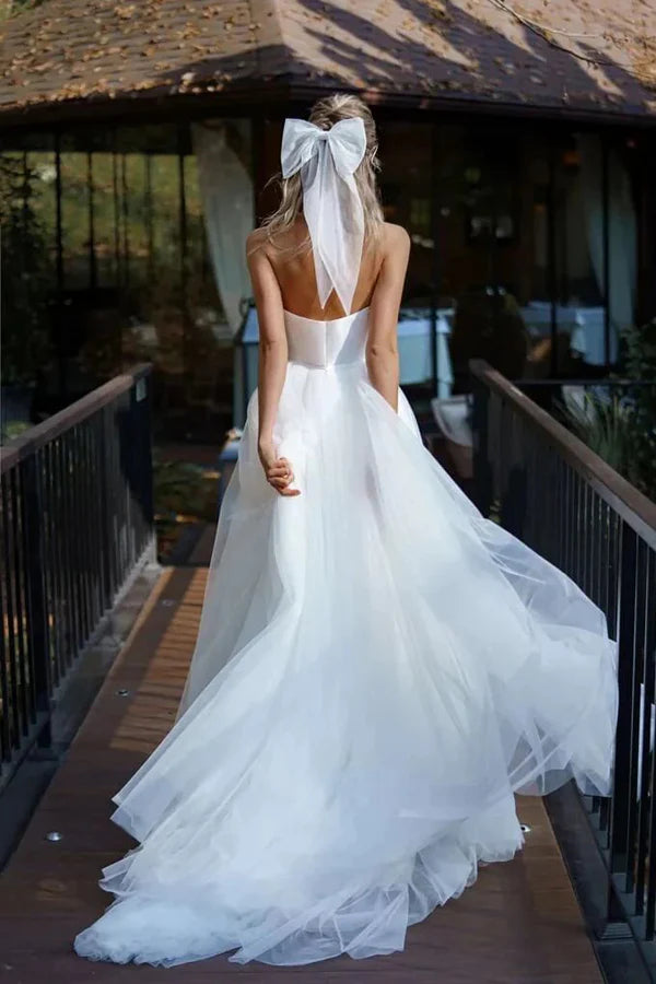A Line Off The Shoulder White Tulle Beach Wedding Dress