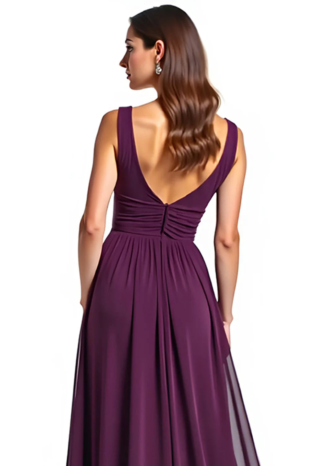 A Line Ruhced Purple Backless Long Mother of the Bride Dress