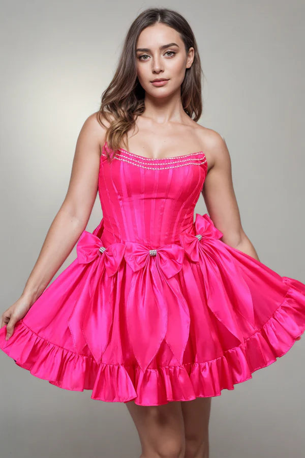 A Line Short Strapless Corset Fuchsia Homecoming Dress