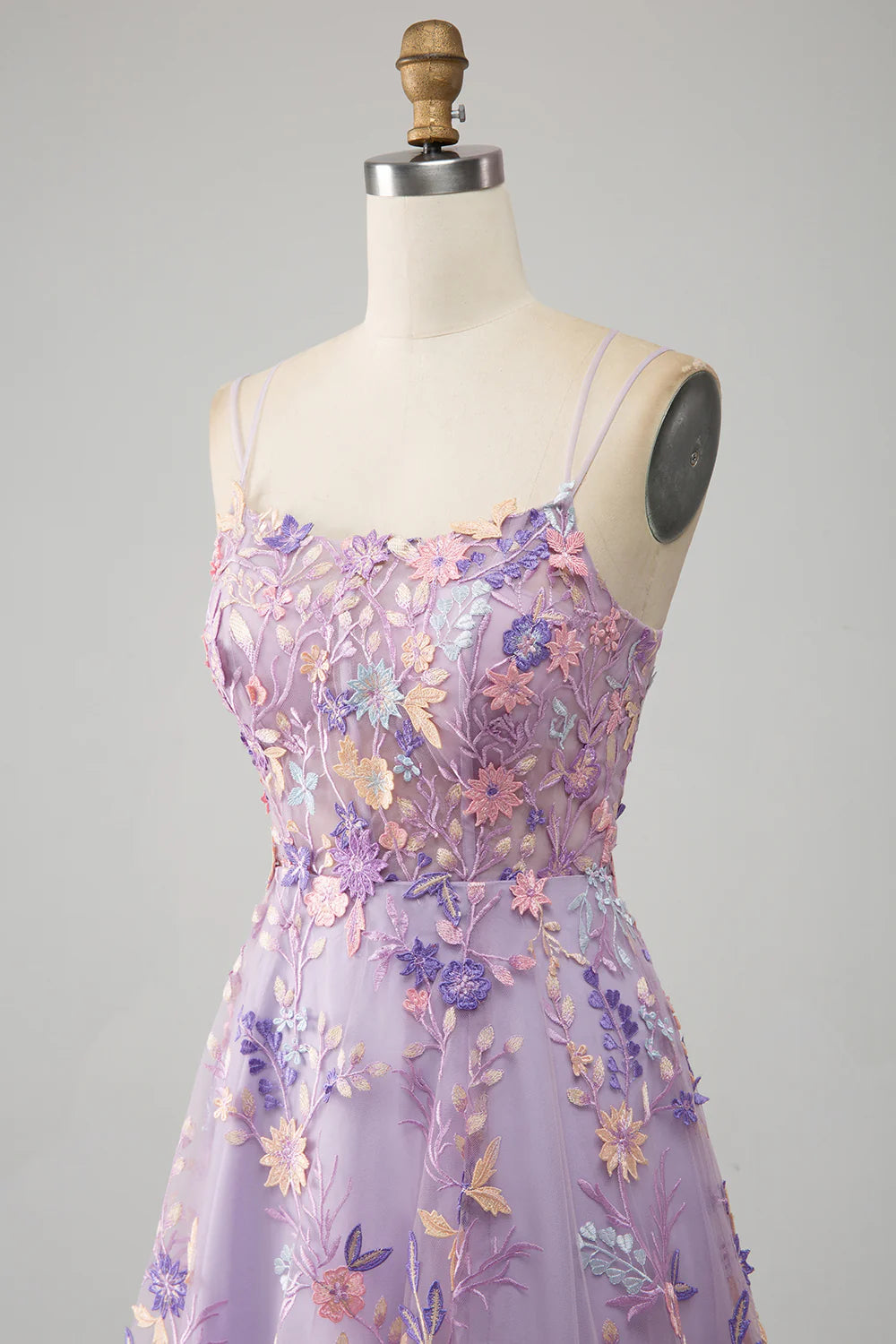 A Line Spaghetti Straps Front Slit Tulle Mauve Prom Dress With Embroidery