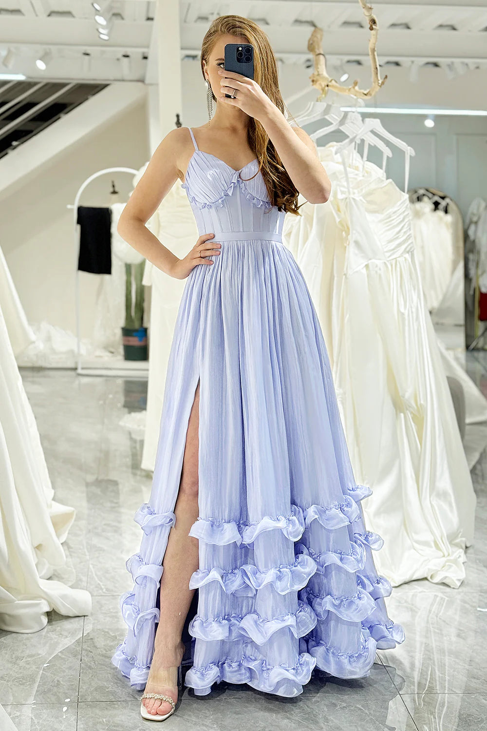 A Line Spaghetti Straps Tiered Long Corset Lavender Prom Dress With Slit