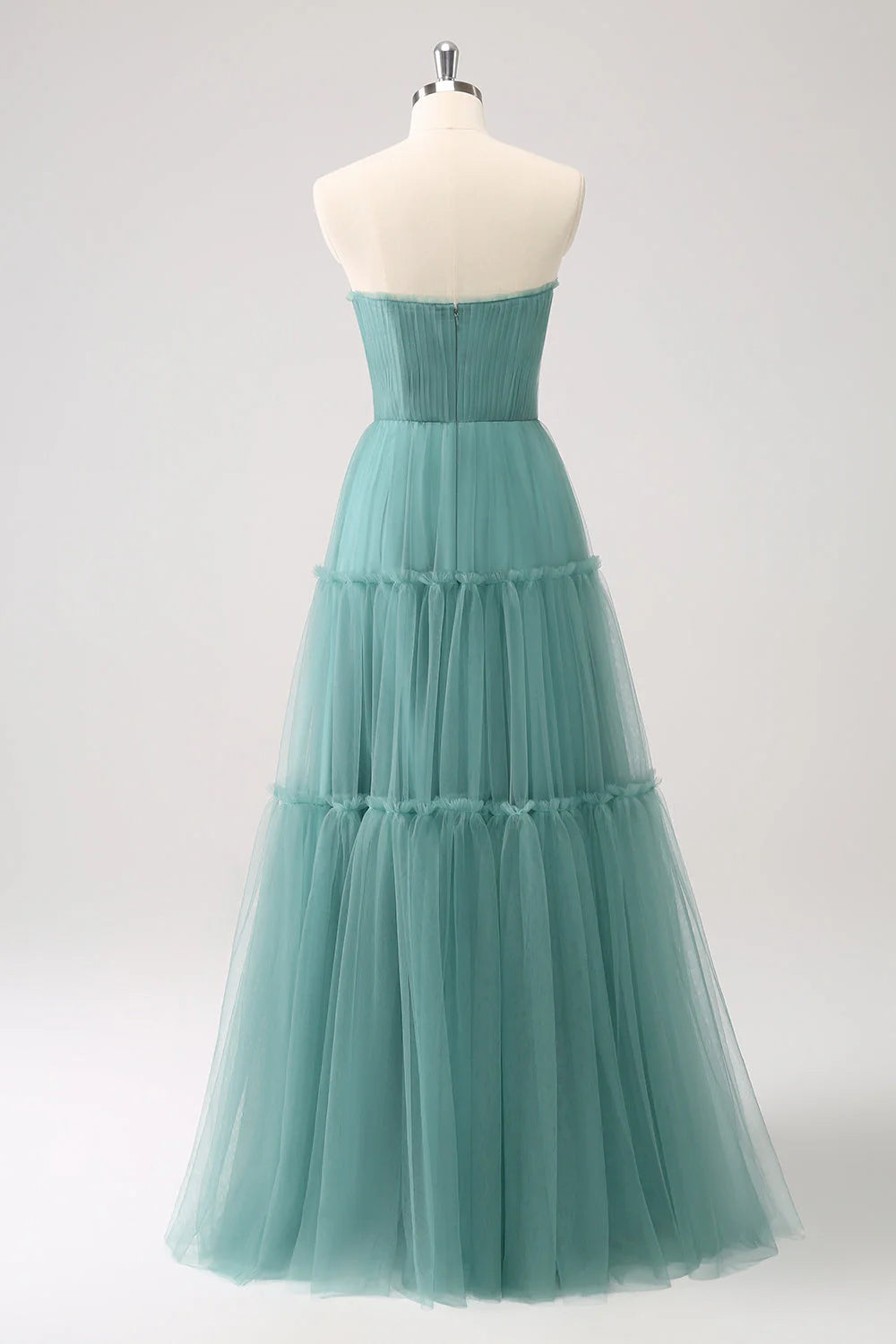 A Line Strapless Corset Tulle Long Eucalyptus Evening Dress
