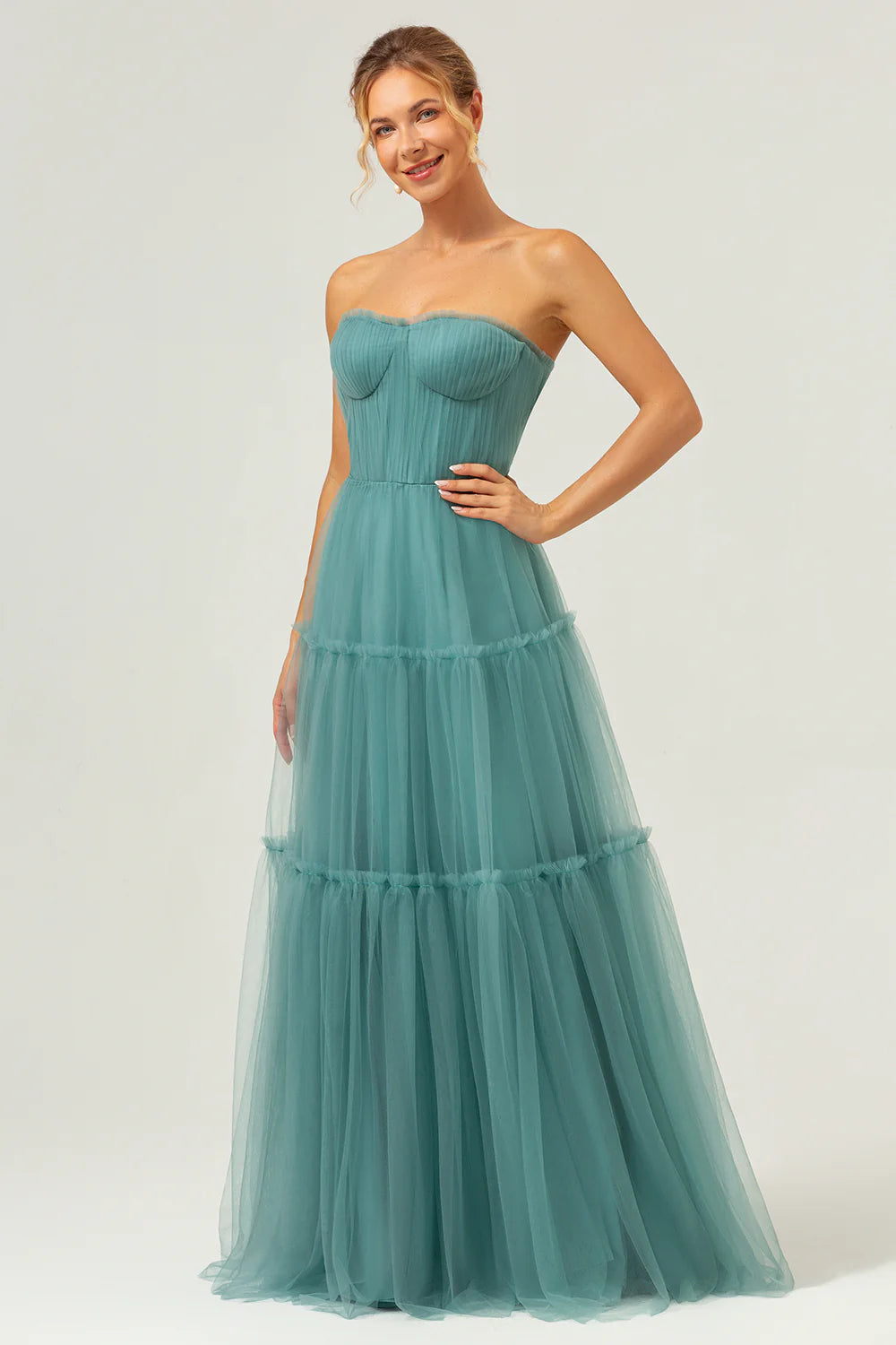 A Line Strapless Corset Tulle Long Eucalyptus Evening Dress