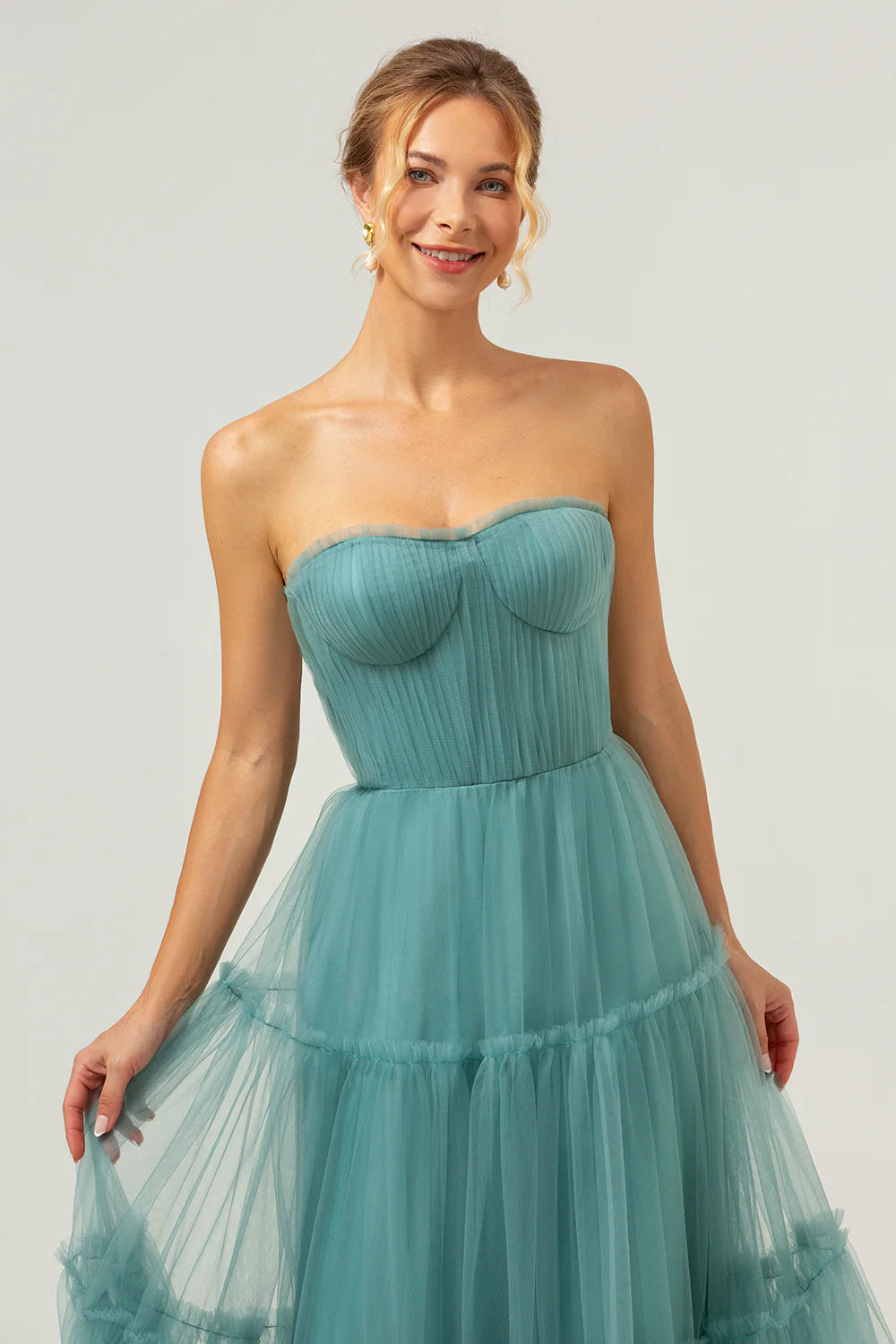 A Line Strapless Corset Tulle Long Eucalyptus Evening Dress