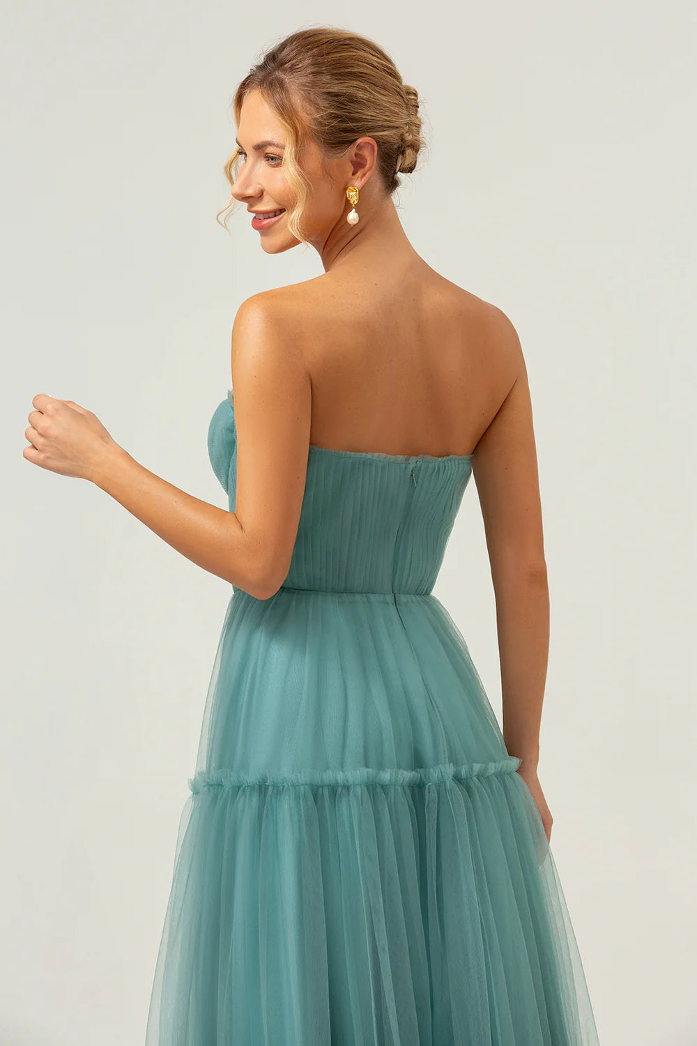 A Line Strapless Corset Tulle Long Eucalyptus Evening Dress