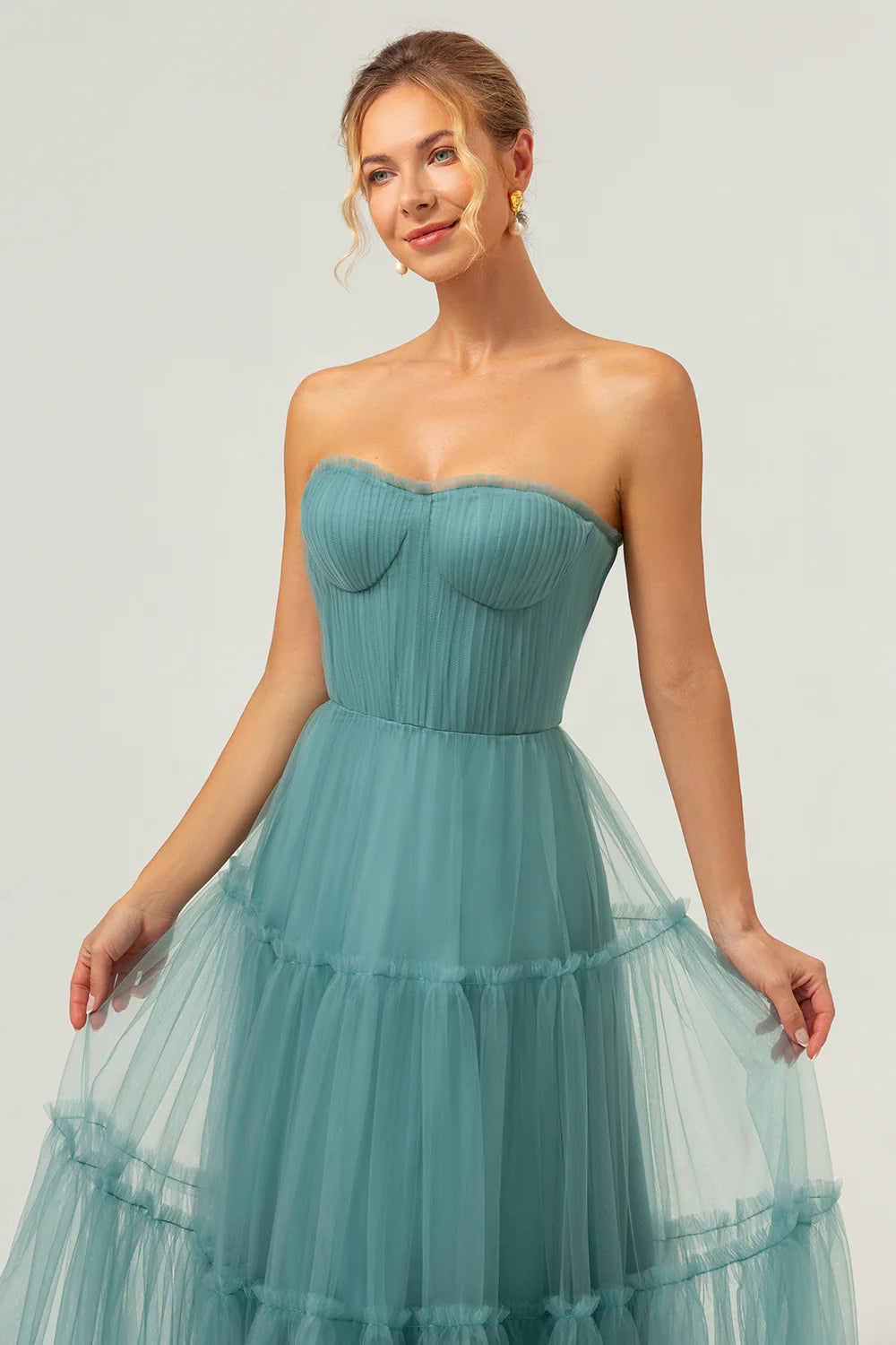A Line Strapless Corset Tulle Long Eucalyptus Evening Dress