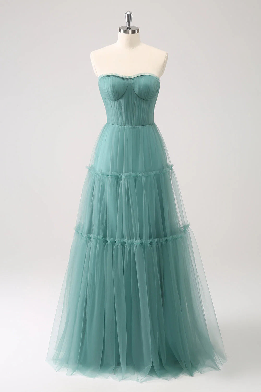 A Line Strapless Corset Tulle Long Eucalyptus Evening Dress