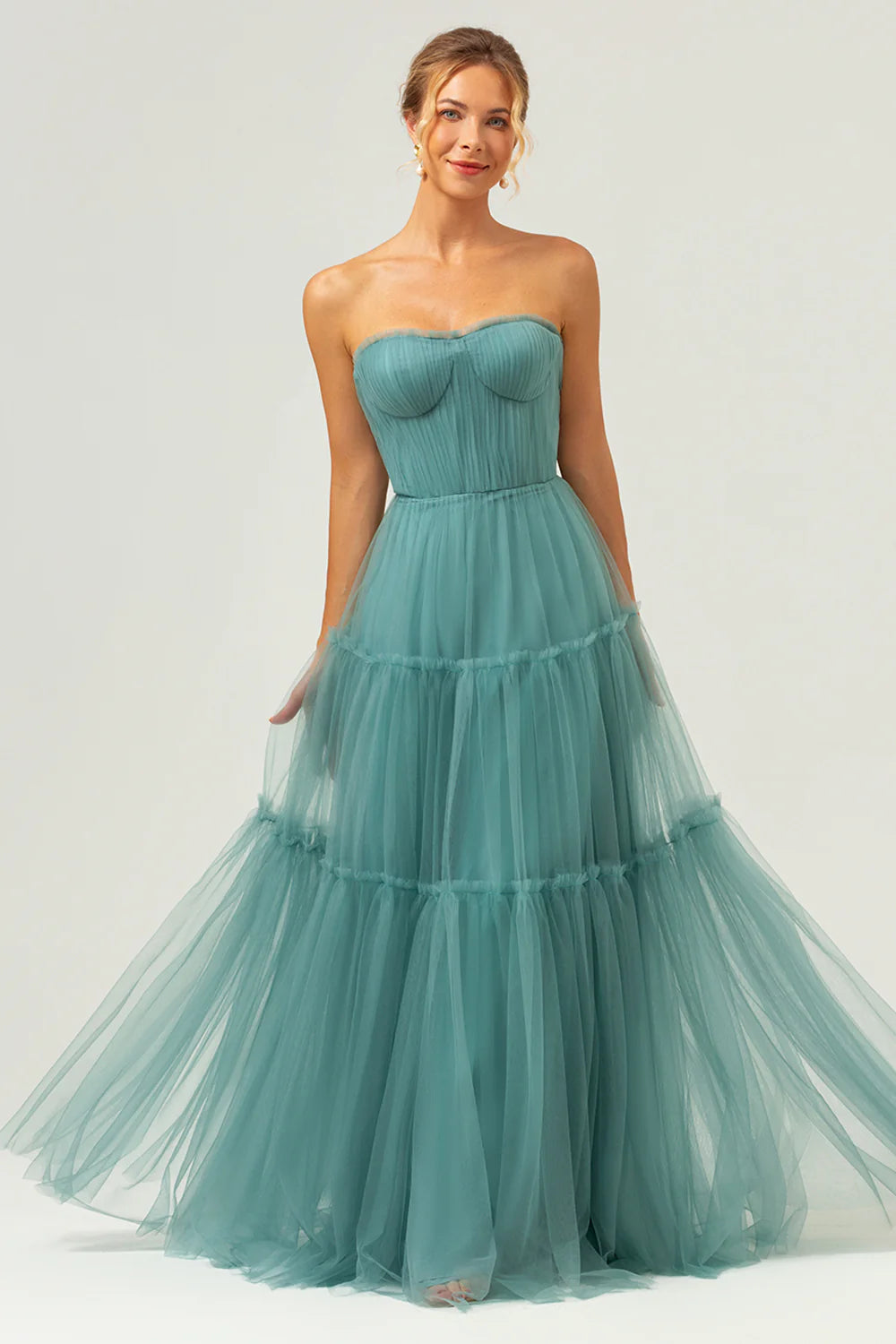 A Line Strapless Corset Tulle Long Eucalyptus Evening Dress