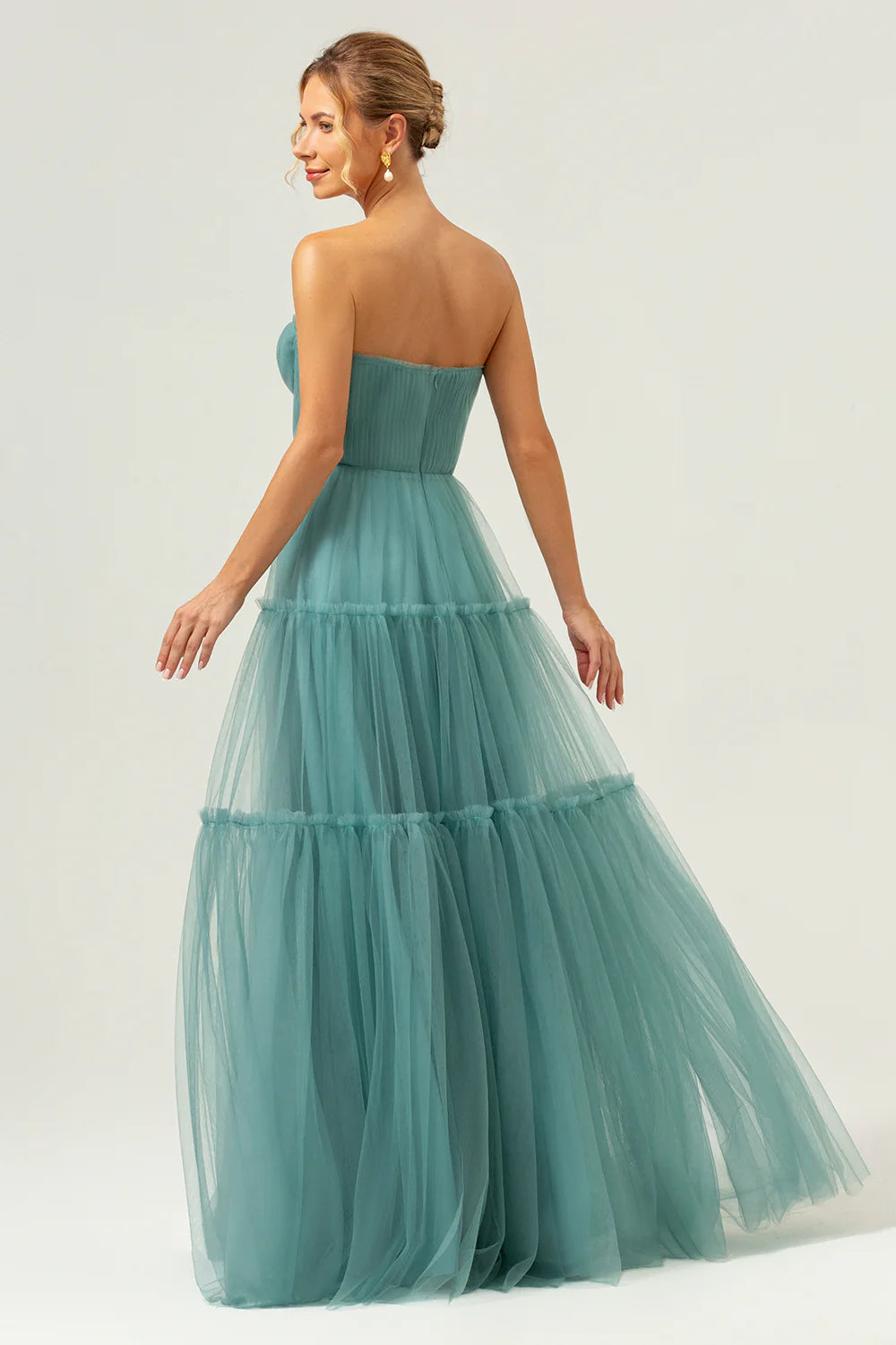 A Line Strapless Corset Tulle Long Eucalyptus Evening Dress